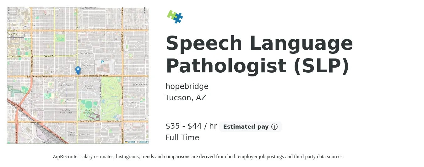 hopebridge job posting for a Speech Language Pathologist (SLP) in Tucson, AZ with a salary of $37 to $46 Hourly with a map of Tucson location.