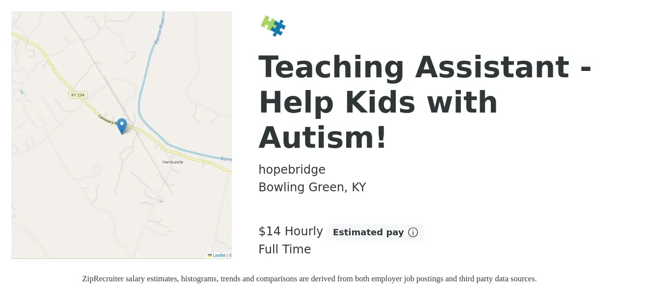 hopebridge job posting for a Teaching Assistant - Help Kids with Autism! in Bowling Green, KY with a salary of $16 Hourly with a map of Bowling Green location.