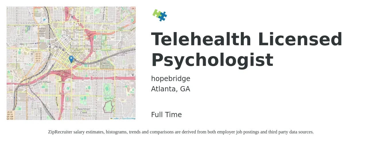 hopebridge job posting for a Telehealth Licensed Psychologist in Atlanta, GA with a salary of $88,000 to $137,000 Yearly with a map of Atlanta location.
