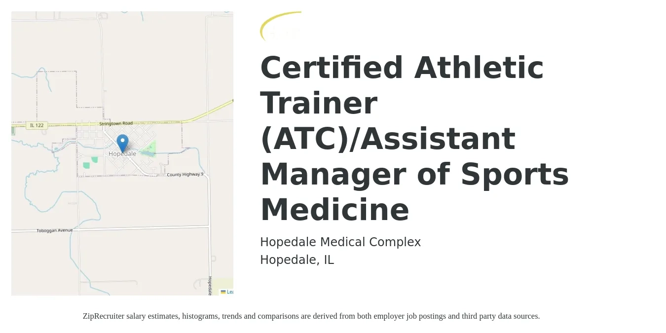 Hopedale Medical Complex job posting for a Certified Athletic Trainer (ATC)/Assistant Manager of Sports Medicine in Hopedale, IL with a salary of $133 Daily with a map of Hopedale location.