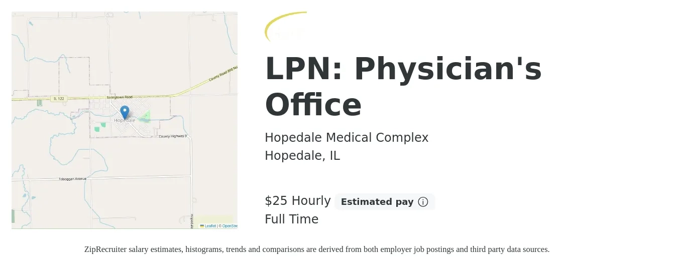 Hopedale Medical Complex job posting for a LPN: Physician's Office in Hopedale, IL with a salary of $27 Hourly with a map of Hopedale location.
