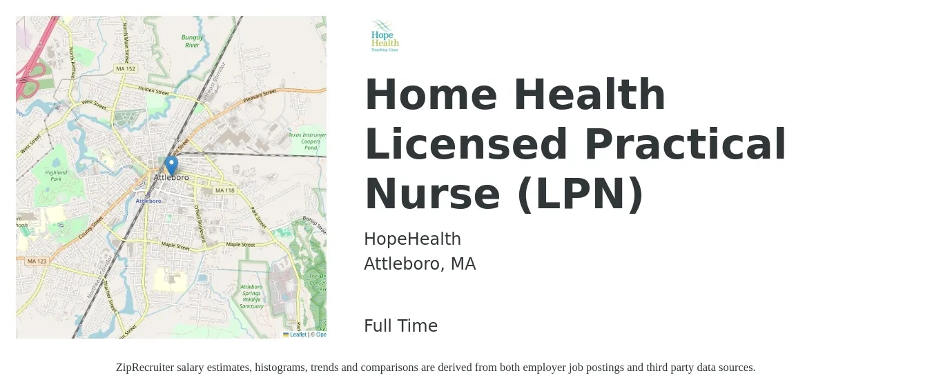 HopeHealth job posting for a Home Health Licensed Practical Nurse (LPN) in Attleboro, MA with a salary of $26 to $36 Hourly with a map of Attleboro location.