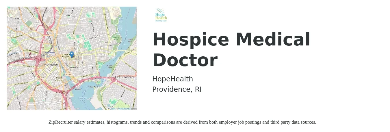 HopeHealth job posting for a Hospice Medical Doctor in Providence, RI with a salary of $138,900 to $325,300 Yearly with a map of Providence location.