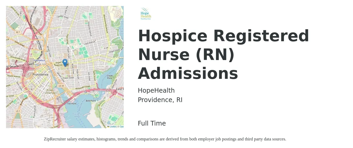 HopeHealth job posting for a Hospice Registered Nurse (RN) Admissions in Providence, RI with a salary of $74,800 to $94,500 Yearly with a map of Providence location.