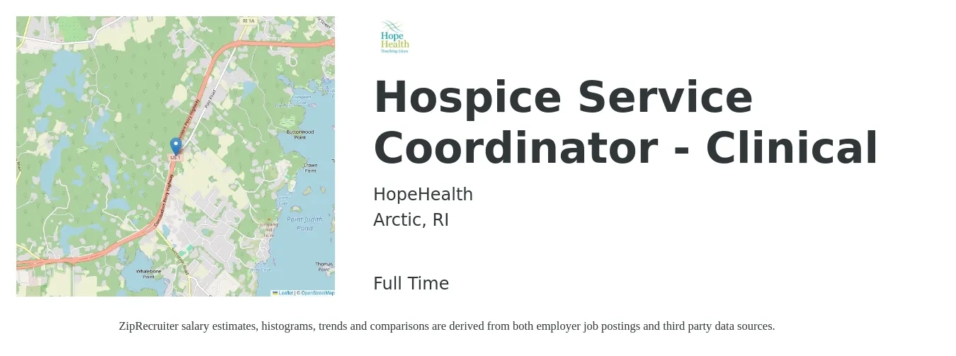 HopeHealth job posting for a Hospice Service Coordinator - Clinical in Arctic, RI with a map of Arctic location.