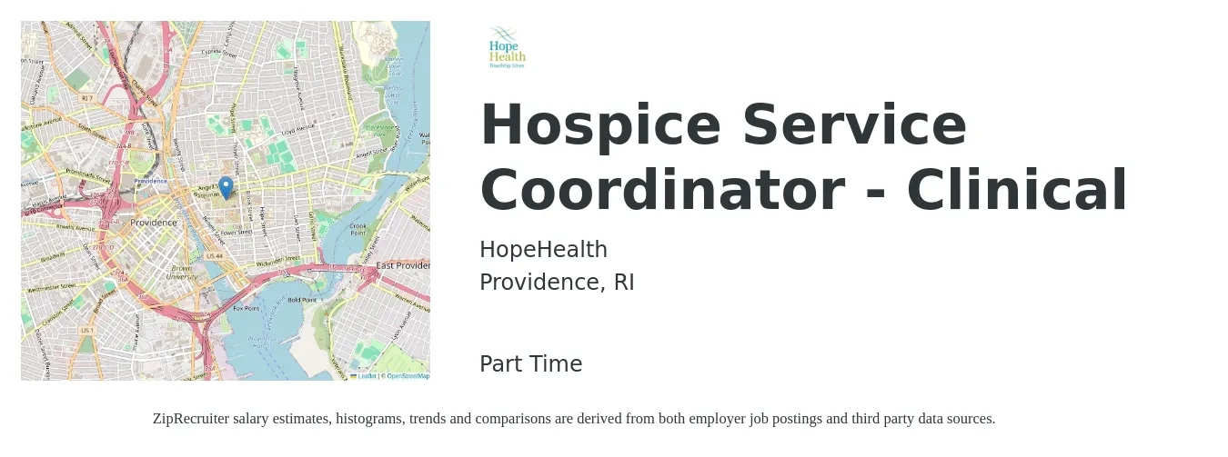 HopeHealth job posting for a Hospice Service Coordinator - Clinical in Providence, RI with a map of Providence location.