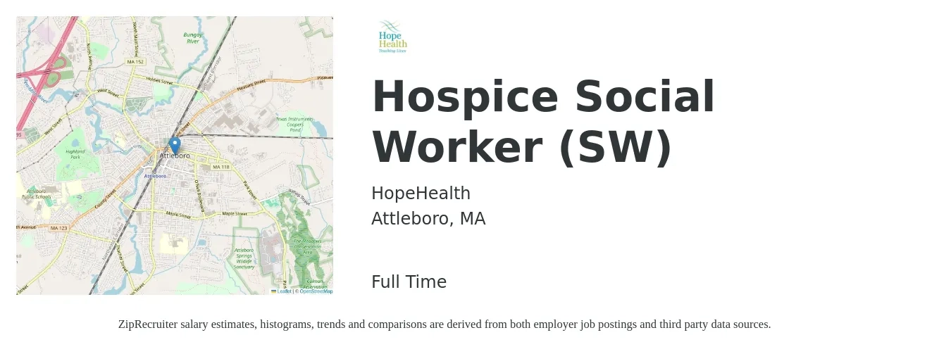 HopeHealth job posting for a Hospice Social Worker (SW) in Attleboro, MA with a salary of $59,000 to $85,200 Yearly with a map of Attleboro location.