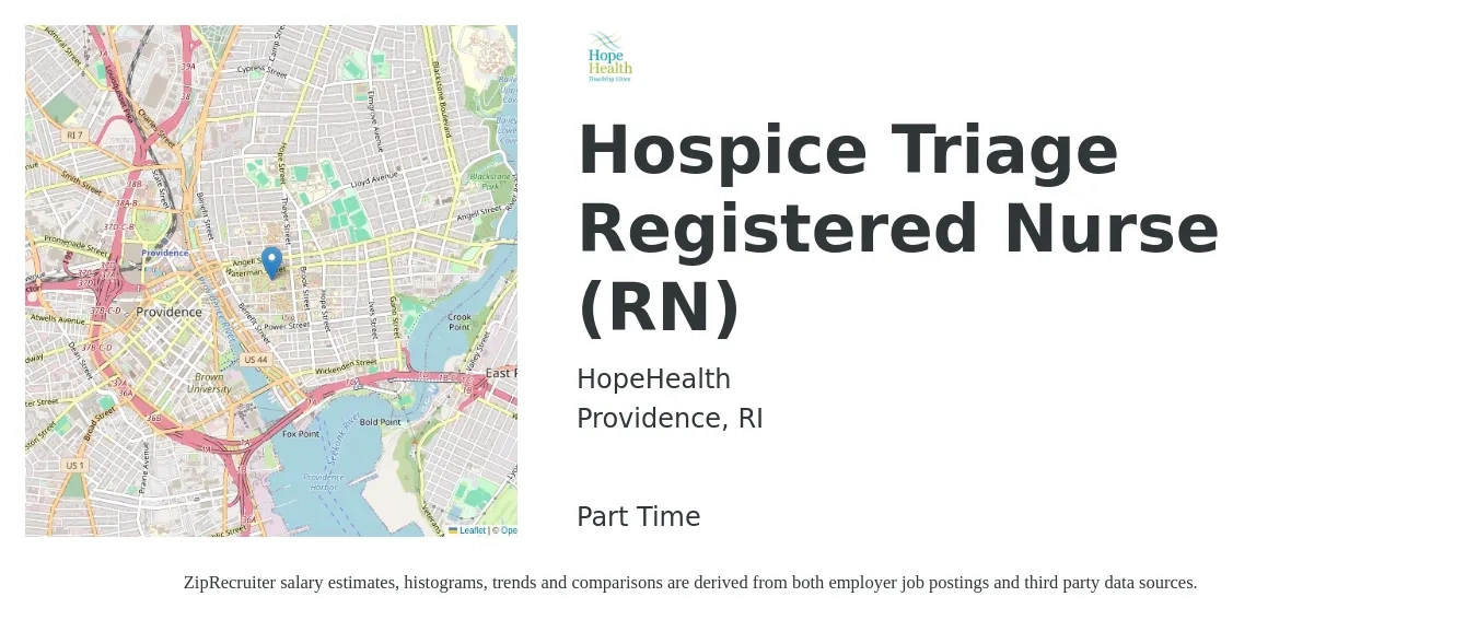 HopeHealth job posting for a Hospice Triage Registered Nurse (RN) in Providence, RI with a salary of $32 to $45 Hourly with a map of Providence location.