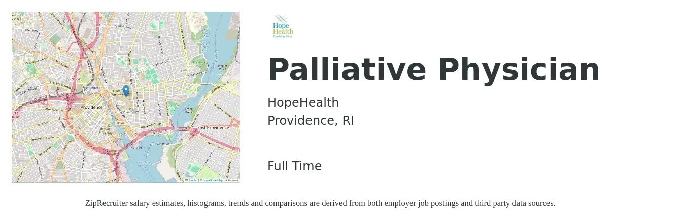 HopeHealth job posting for a Palliative Physician in Providence, RI with a salary of $202,000 to $238,900 Yearly with a map of Providence location.