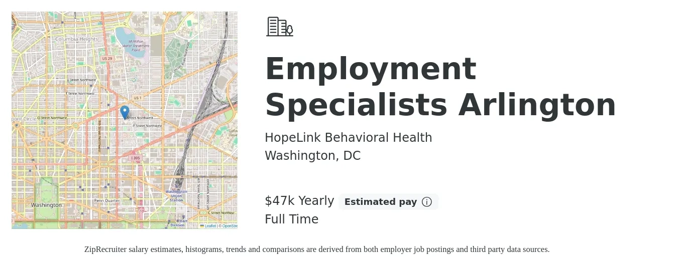 HopeLink Behavioral Health job posting for a Employment Specialists Arlington in Washington, DC with a salary of $47,000 Yearly with a map of Washington location.