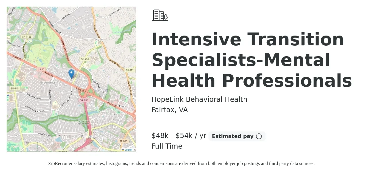 HopeLink Behavioral Health job posting for a Intensive Transition Specialists-Mental Health Professionals in Fairfax, VA with a salary of $48,000 to $54,000 Yearly with a map of Fairfax location.