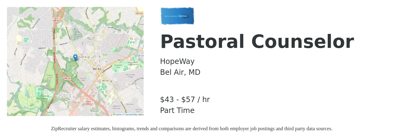HopeWay job posting for a Pastoral Counselor in Bel Air, MD with a salary of $45 to $60 Hourly with a map of Bel Air location.