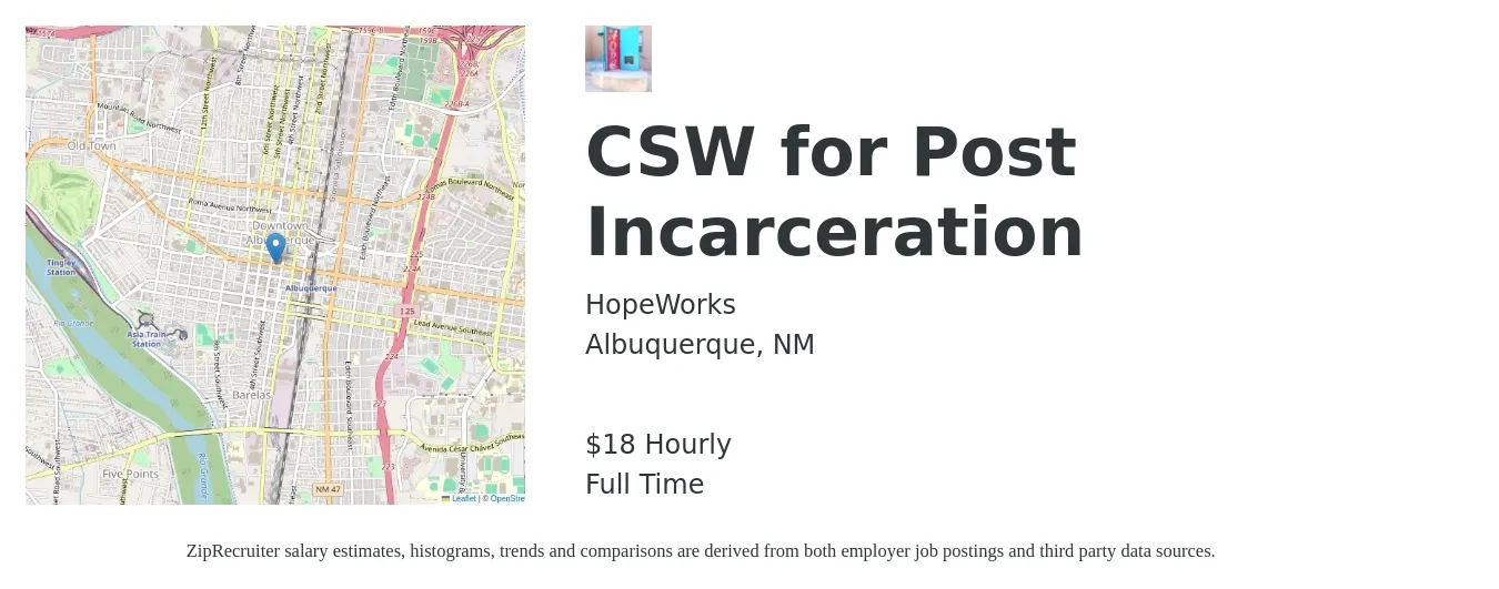 HopeWorks job posting for a CSW for Post Incarceration in Albuquerque, NM with a salary of $19 Hourly and benefits including dental, life_insurance, medical, and pto with a map of Albuquerque location.