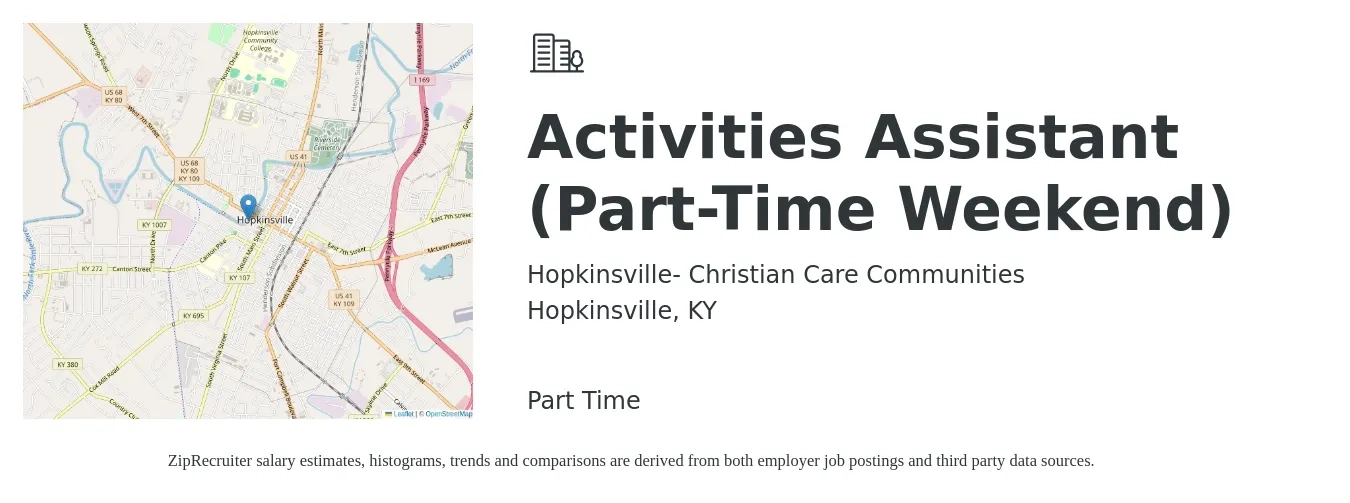 Hopkinsville- Christian Care Communities job posting for a Activities Assistant (Part-Time Weekend) in Hopkinsville, KY with a salary of $13 to $15 Hourly with a map of Hopkinsville location.