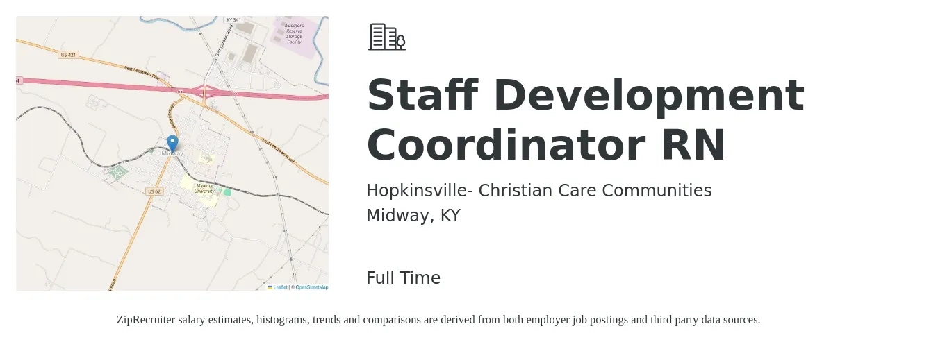 Hopkinsville- Christian Care Communities job posting for a Staff Development Coordinator RN in Midway, KY with a salary of $31 to $37 Hourly with a map of Midway location.