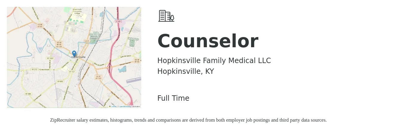Hopkinsville Family Medical LLC job posting for a Counselor in Hopkinsville, KY with a salary of $19 to $25 Hourly with a map of Hopkinsville location.