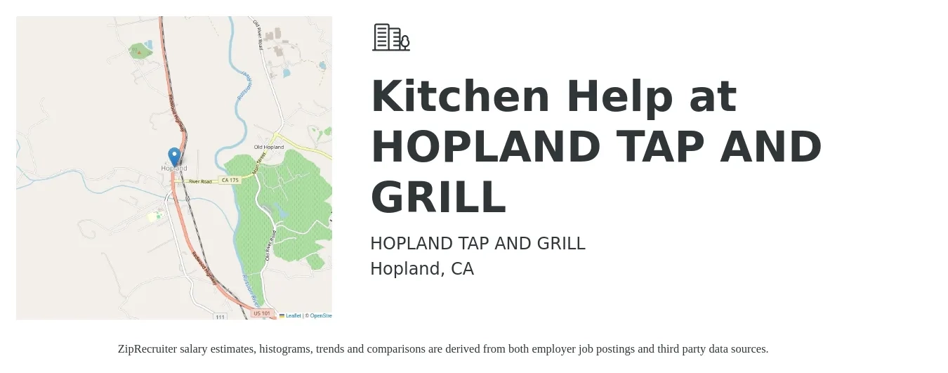 HOPLAND TAP AND GRILL job posting for a Kitchen Help at HOPLAND TAP AND GRILL in Hopland, CA with a salary of $15 to $18 Hourly with a map of Hopland location.