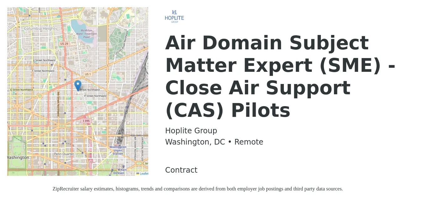 Hoplite Group job posting for a Air Domain Subject Matter Expert (SME) - Close Air Support (CAS) Pilots in Washington, DC with a salary of $101,000 to $155,100 Yearly with a map of Washington location.
