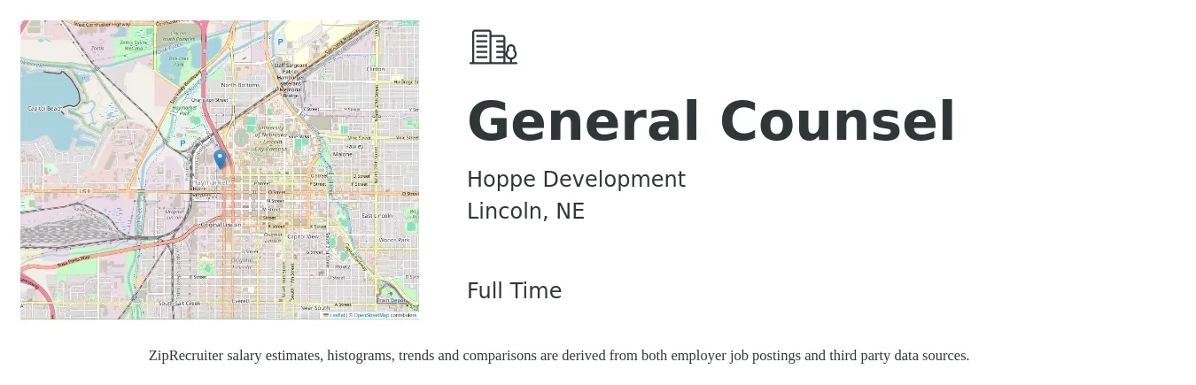 Hoppe Development job posting for a General Counsel in Lincoln, NE with a salary of $98,000 to $171,600 Yearly with a map of Lincoln location.