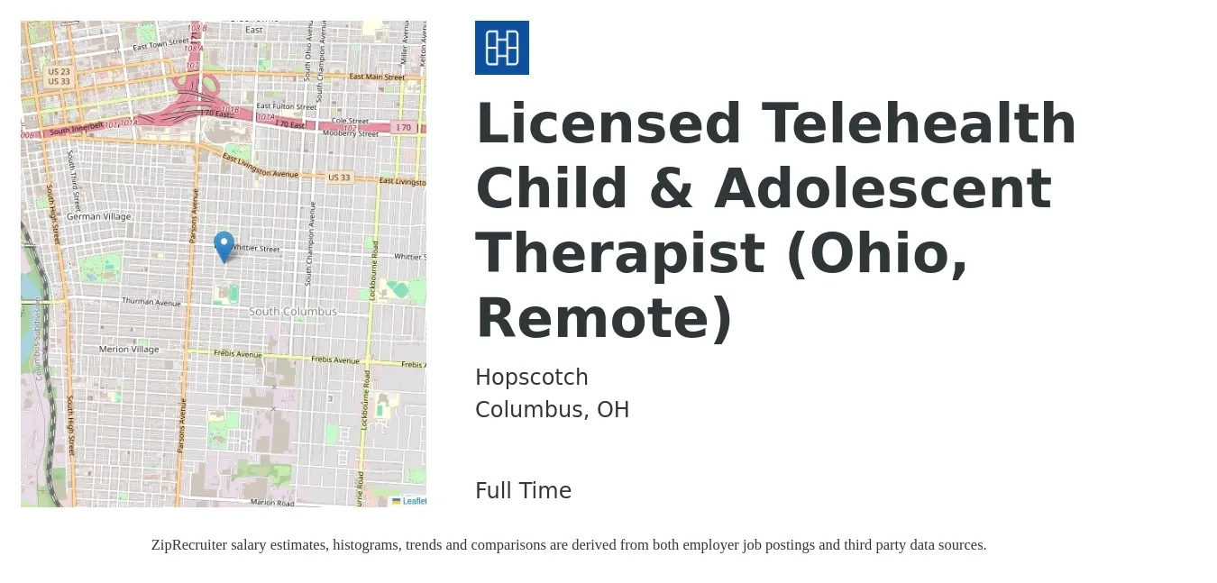 Hopscotch job posting for a Licensed Telehealth Child & Adolescent Therapist (Ohio, Remote) in Columbus, OH with a salary of $105 Hourly with a map of Columbus location.