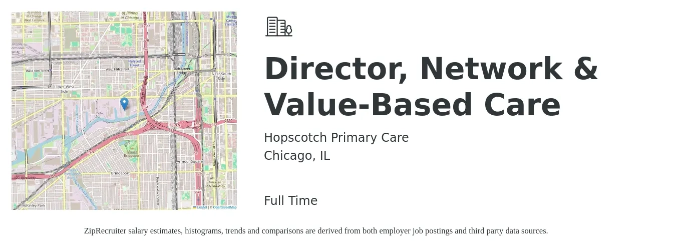 Hopscotch Primary Care job posting for a Director, Network & Value-Based Care in Chicago, IL with a salary of $114,900 to $150,900 Yearly with a map of Chicago location.