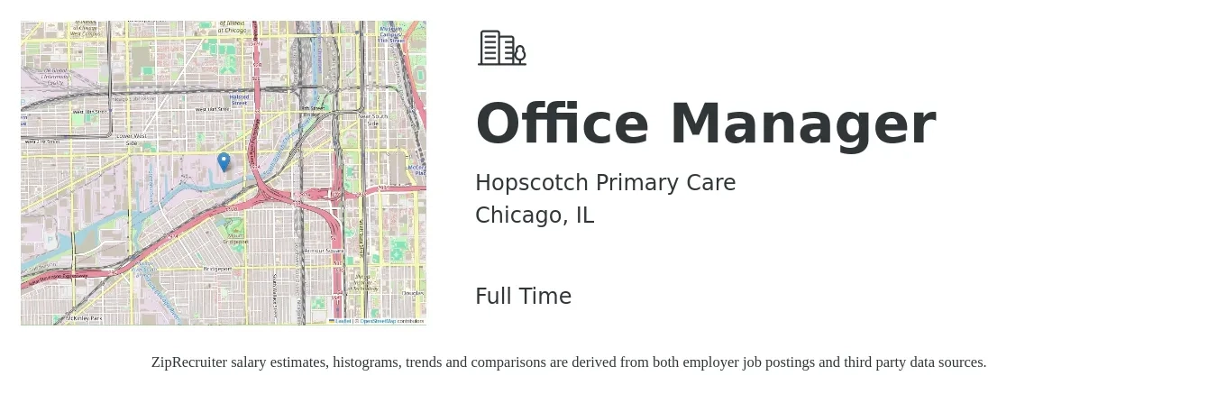 Hopscotch Primary Care job posting for a Office Manager in Chicago, IL with a salary of $41,200 to $60,800 Yearly with a map of Chicago location.