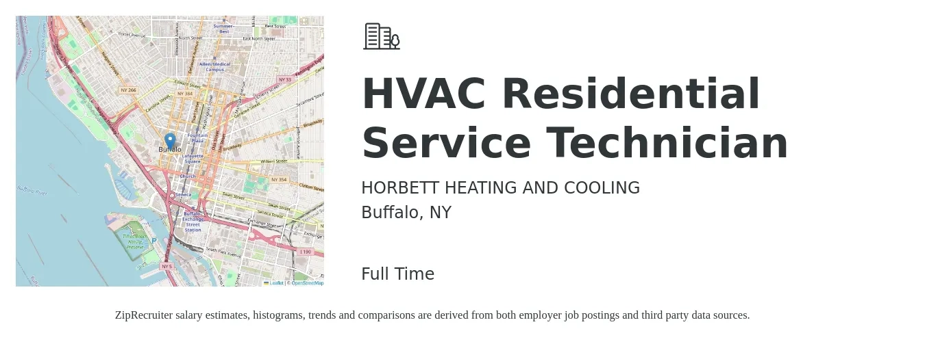 HORBETT HEATING AND COOLING job posting for a HVAC Residential Service Technician in Buffalo, NY with a salary of $26 to $44 Hourly with a map of Buffalo location.