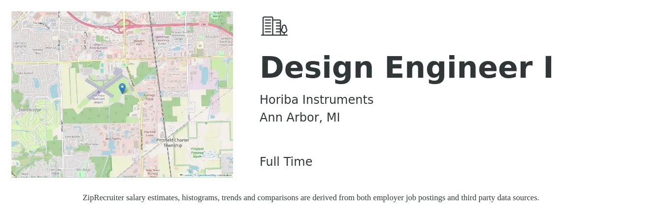 Horiba Instruments job posting for a Design Engineer I in Ann Arbor, MI with a salary of $67,600 to $97,900 Yearly with a map of Ann Arbor location.