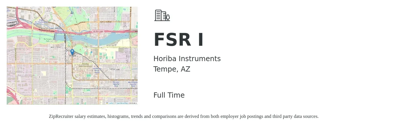 Horiba Instruments job posting for a FSR I in Tempe, AZ with a salary of $20 to $29 Hourly with a map of Tempe location.