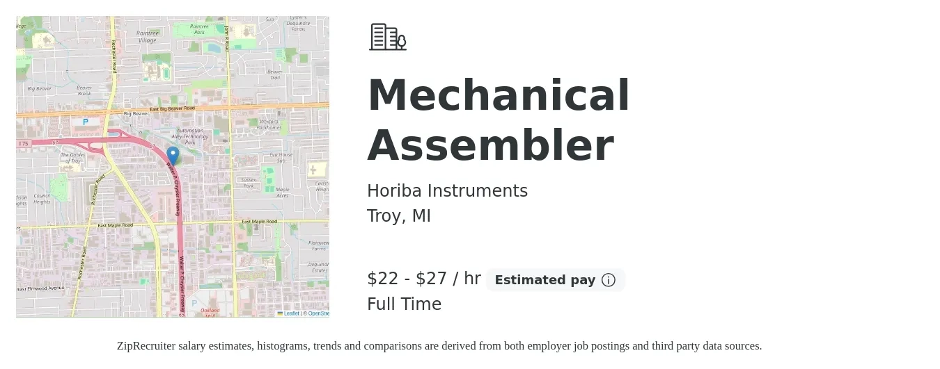 Horiba Instruments job posting for a Mechanical Assembler in Troy, MI with a salary of $23 to $29 Hourly with a map of Troy location.