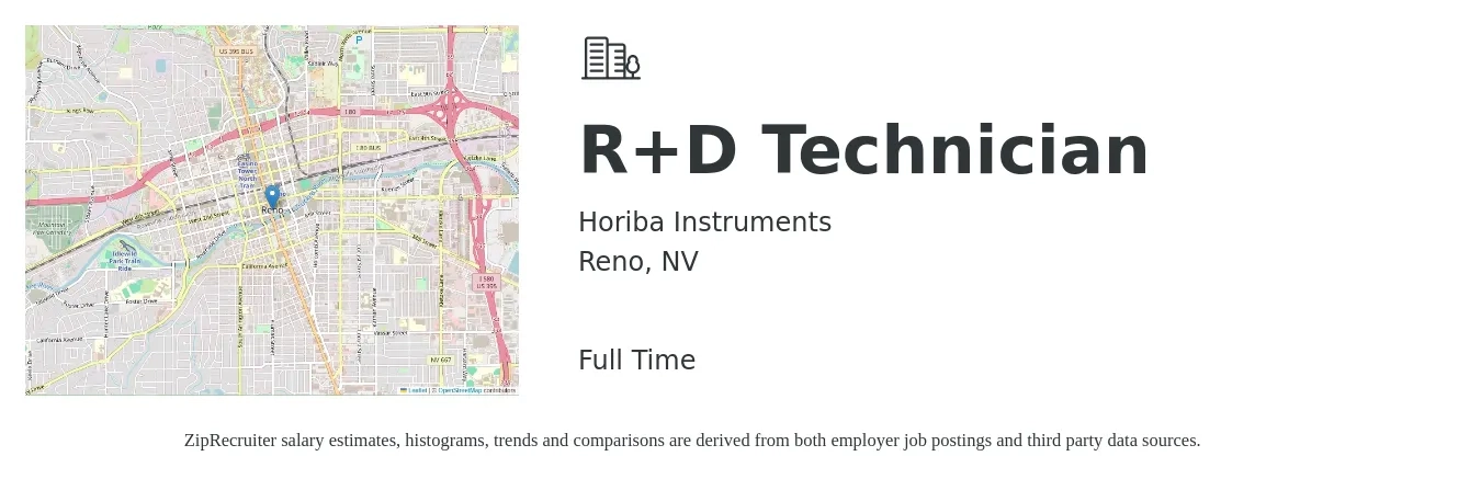 Horiba Instruments job posting for a R&D Technician in Reno, NV with a salary of $18 to $25 Hourly with a map of Reno location.