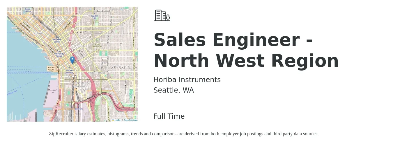 Horiba Instruments job posting for a Sales Engineer - North West Region in Seattle, WA with a salary of $85,700 to $128,500 Yearly with a map of Seattle location.