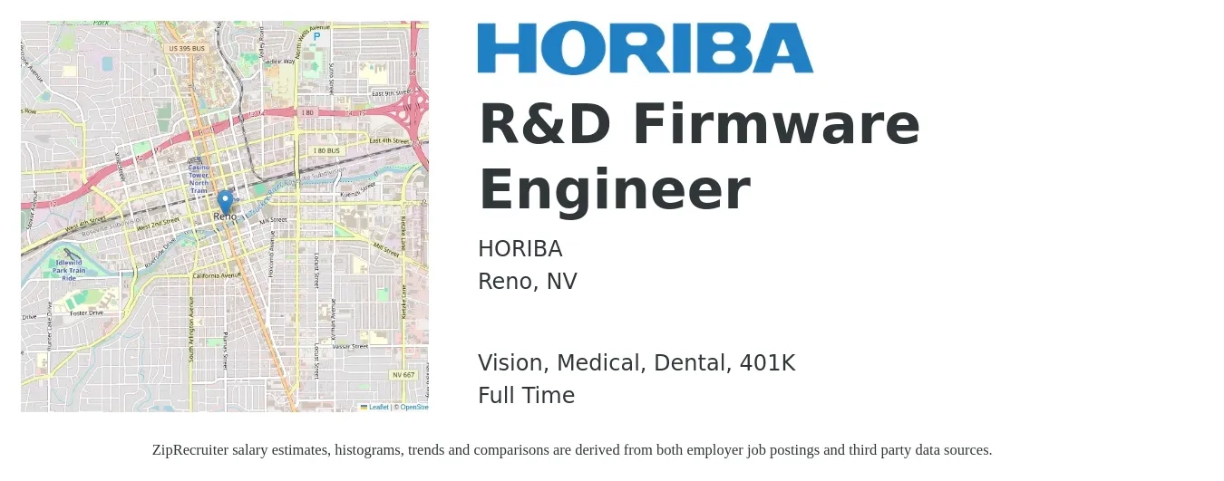 HORIBA job posting for a R&D Firmware Engineer in Reno, NV with a salary of $142,600 to $204,400 Yearly and benefits including dental, life_insurance, medical, vision, and 401k with a map of Reno location.