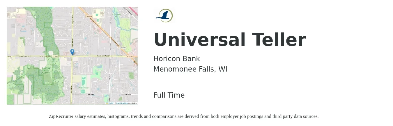 Horicon Bank job posting for a Universal Teller in Menomonee Falls, WI with a salary of $16 to $20 Hourly with a map of Menomonee Falls location.