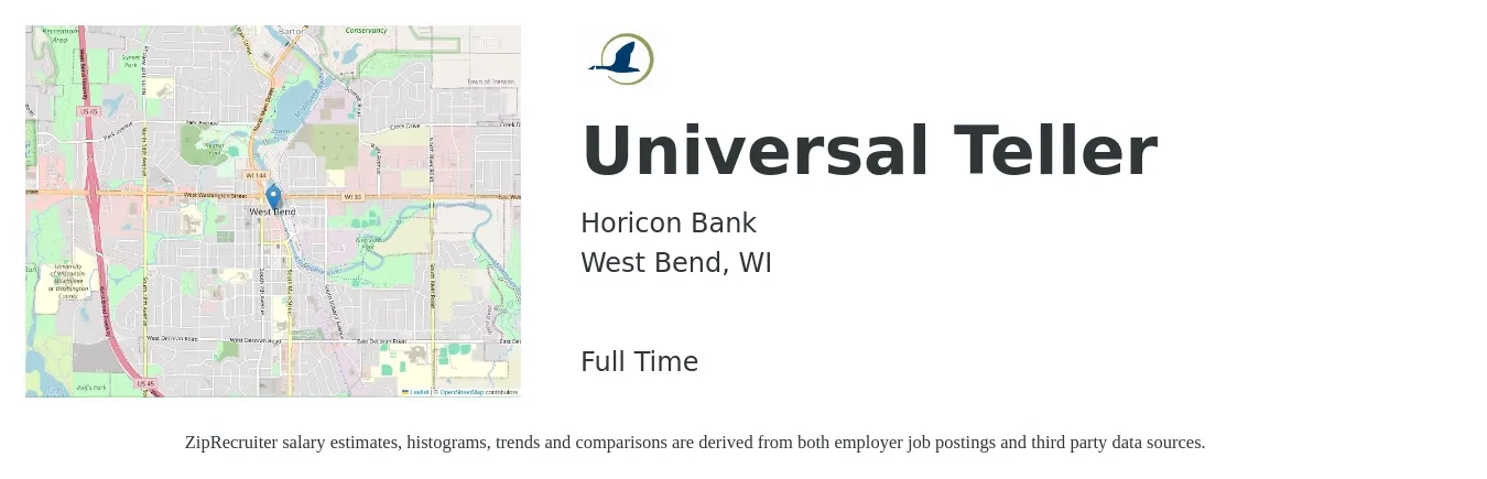 Horicon Bank job posting for a Universal Teller in West Bend, WI with a salary of $16 to $20 Hourly with a map of West Bend location.