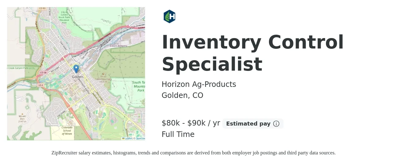 Horizon Ag-Products job posting for a Inventory Control Specialist in Golden, CO with a salary of $80,000 to $90,000 Yearly with a map of Golden location.