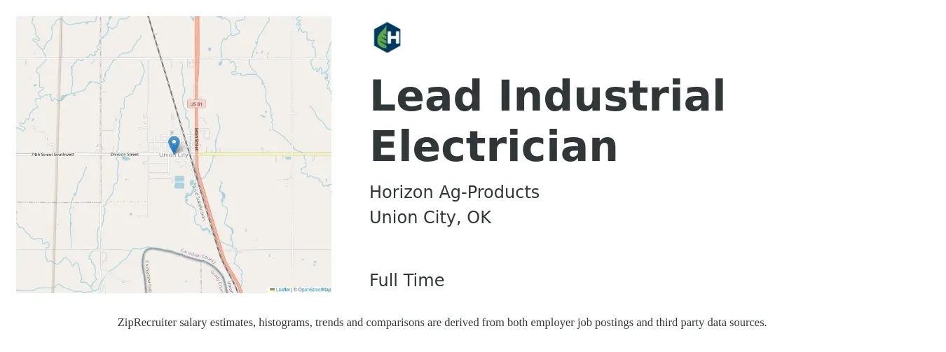 Horizon Ag-Products job posting for a Lead Industrial Electrician in Union City, OK with a salary of $24 to $32 Hourly with a map of Union City location.