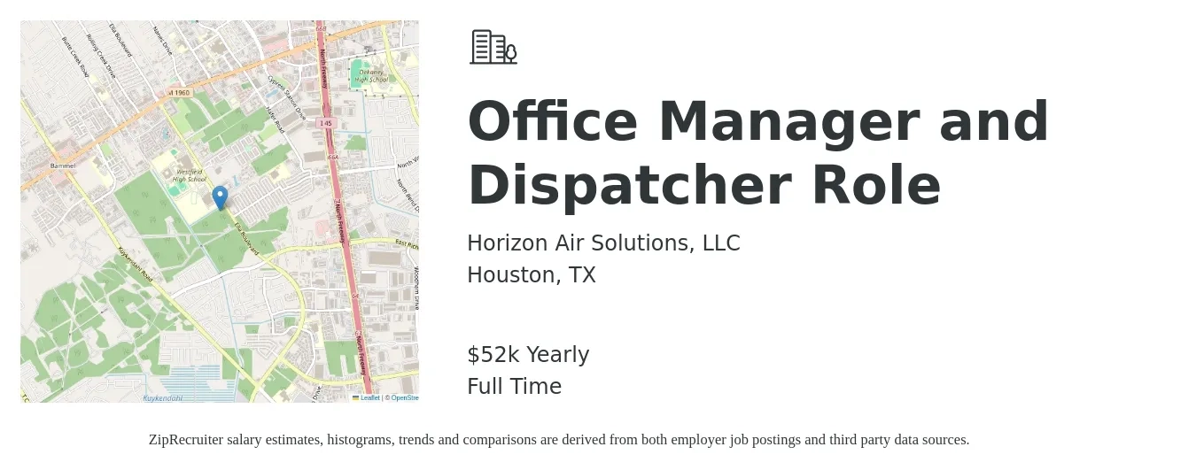 Horizon Air Solutions, LLC job posting for a Office Manager and Dispatcher Role in Houston, TX with a salary of $52,000 Yearly with a map of Houston location.
