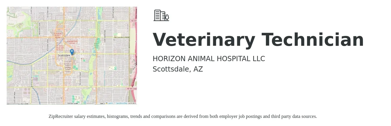 Horizon Animal Hospital job posting for a Veterinary Technician in Scottsdale, AZ with a salary of $19 to $26 Hourly with a map of Scottsdale location.