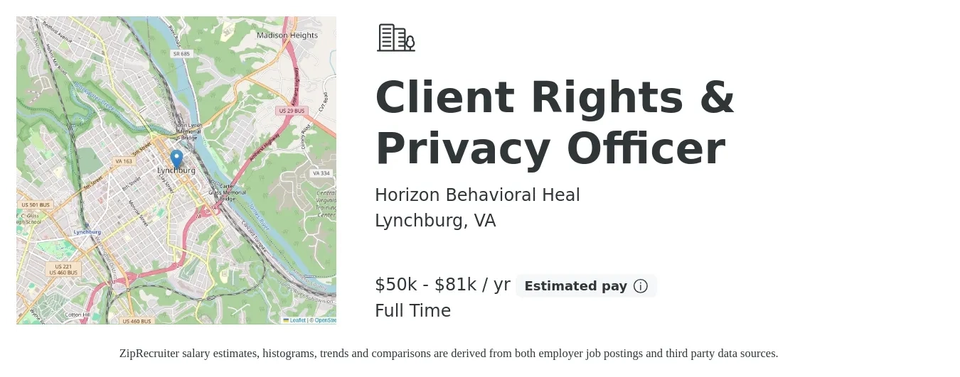 Horizon Behavioral Heal job posting for a Client Rights & Privacy Officer in Lynchburg, VA with a salary of $50,808 to $81,293 Yearly with a map of Lynchburg location.