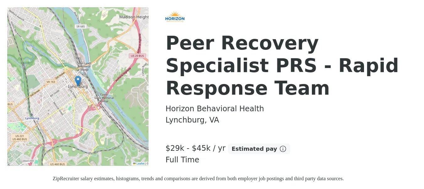 Horizon Behavioral Health job posting for a Peer Recovery Specialist PRS - Rapid Response Team in Lynchburg, VA with a salary of $25,445 to $39,440 Yearly with a map of Lynchburg location.