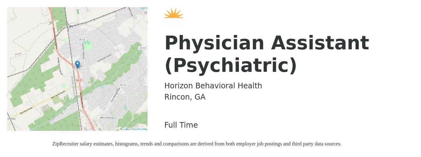 Horizon Behavioral Health job posting for a Physician Assistant (Psychiatric) in Rincon, GA with a salary of $90,900 to $123,200 Yearly with a map of Rincon location.