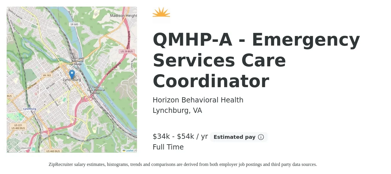 Horizon Behavioral Health job posting for a QMHP-A - Emergency Services Care Coordinator in Lynchburg, VA with a salary of $34,191 to $54,706 Yearly with a map of Lynchburg location.