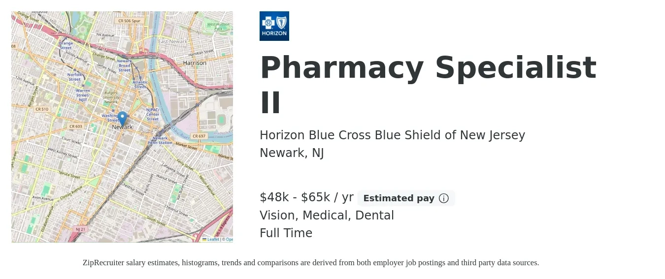 Horizon Blue Cross Blue Shield of New Jersey job posting for a Pharmacy Specialist II in Newark, NJ with a salary of $48,600 to $65,100 Yearly and benefits including vision, dental, life_insurance, medical, pto, and retirement with a map of Newark location.