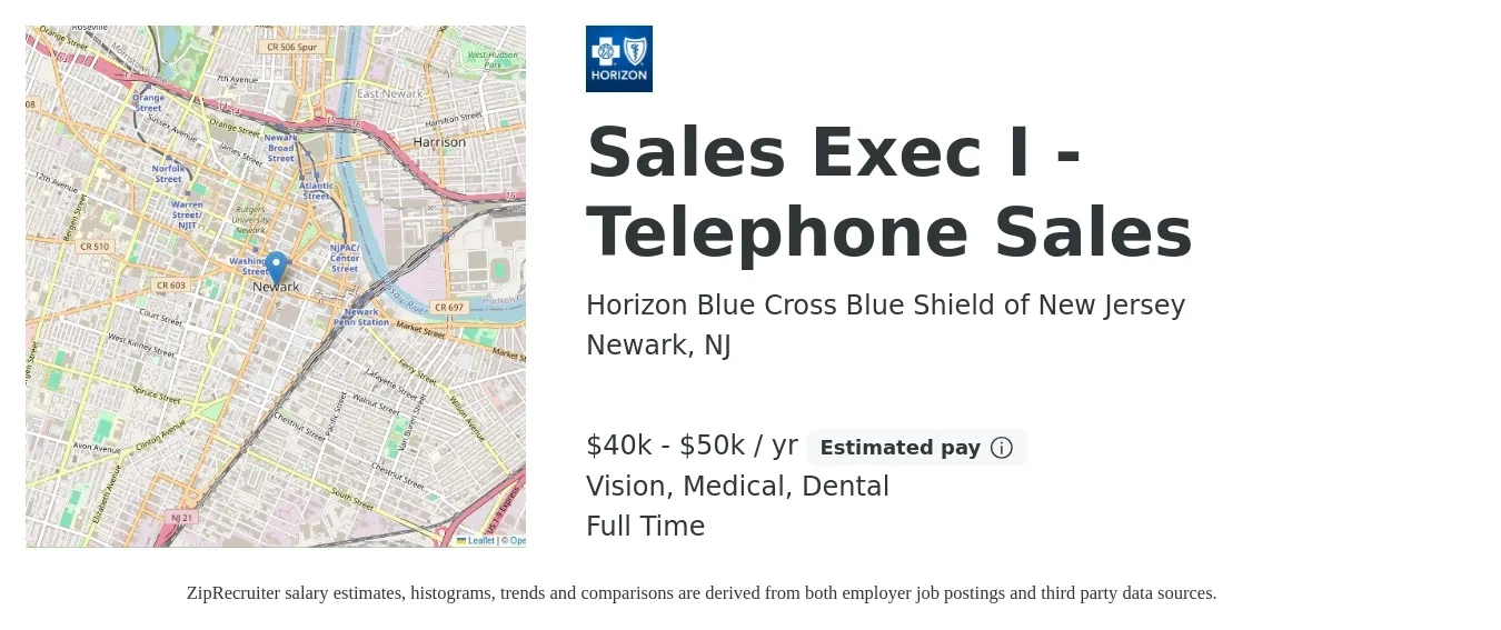 Horizon Blue Cross Blue Shield of New Jersey job posting for a Sales Exec I - Telephone Sales in Newark, NJ with a salary of $40,000 to $50,000 Yearly (plus commission) and benefits including dental, life_insurance, medical, pto, retirement, and vision with a map of Newark location.