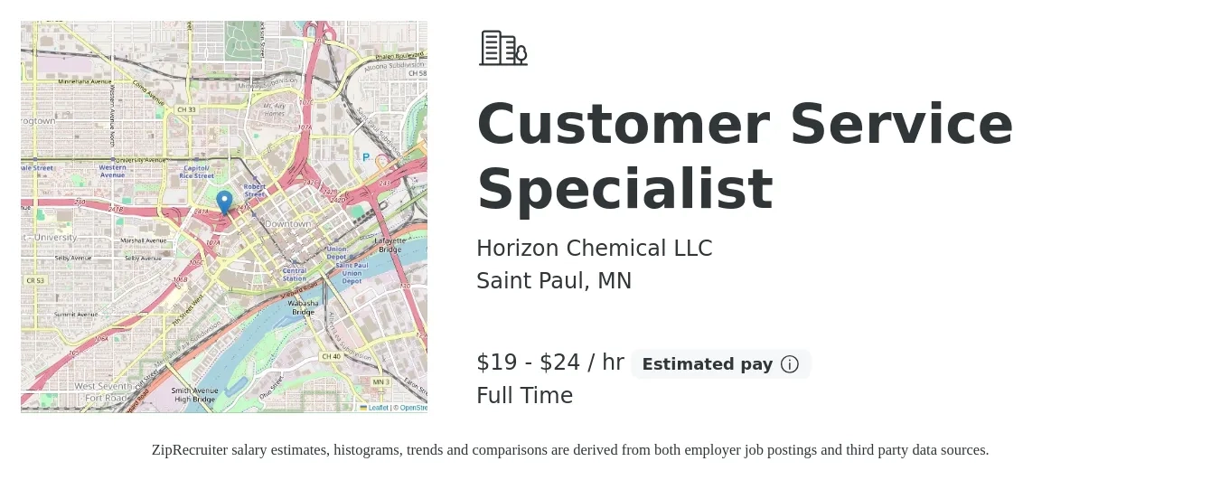 Horizon Chemical LLC job posting for a Customer Service Specialist in Saint Paul, MN with a salary of $20 to $25 Hourly with a map of Saint Paul location.