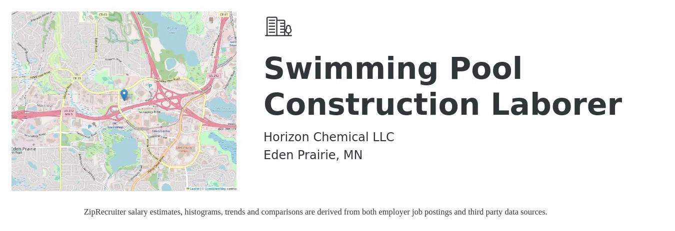 Horizon Chemical LLC job posting for a Swimming Pool Construction Laborer in Eden Prairie, MN with a salary of $23 to $25 Hourly with a map of Eden Prairie location.