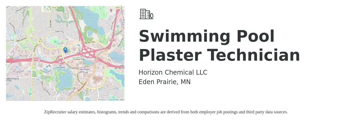 Horizon Chemical LLC job posting for a Swimming Pool Plaster Technician in Eden Prairie, MN with a salary of $59 Daily with a map of Eden Prairie location.