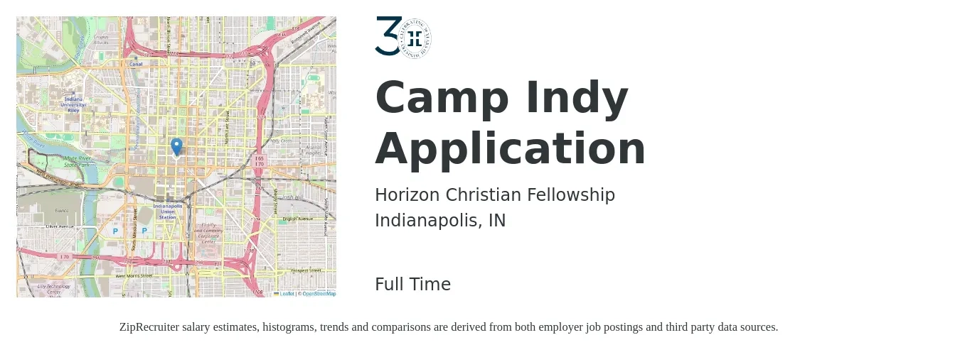 Horizon Christian Fellowship job posting for a Camp Indy Application in Indianapolis, IN with a salary of $16 to $22 Hourly with a map of Indianapolis location.