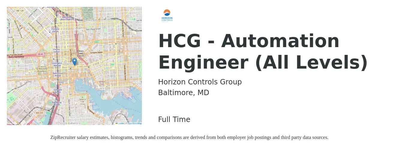 Horizon Controls Group job posting for a HCG - Automation Engineer (All Levels) in Baltimore, MD with a salary of $82,100 to $117,200 Yearly with a map of Baltimore location.
